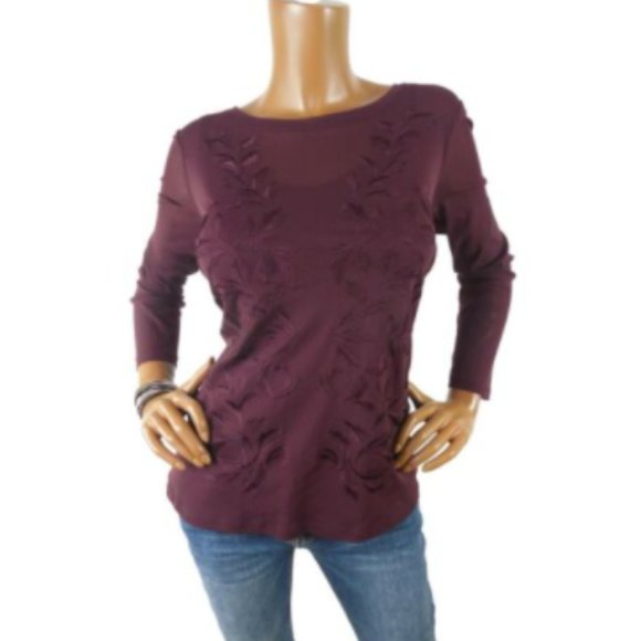 INC International Concepts Tops - INC Top L Plum Blouse Embroidery Long Sheer Sleeve Lightweight Lined Party Shirt